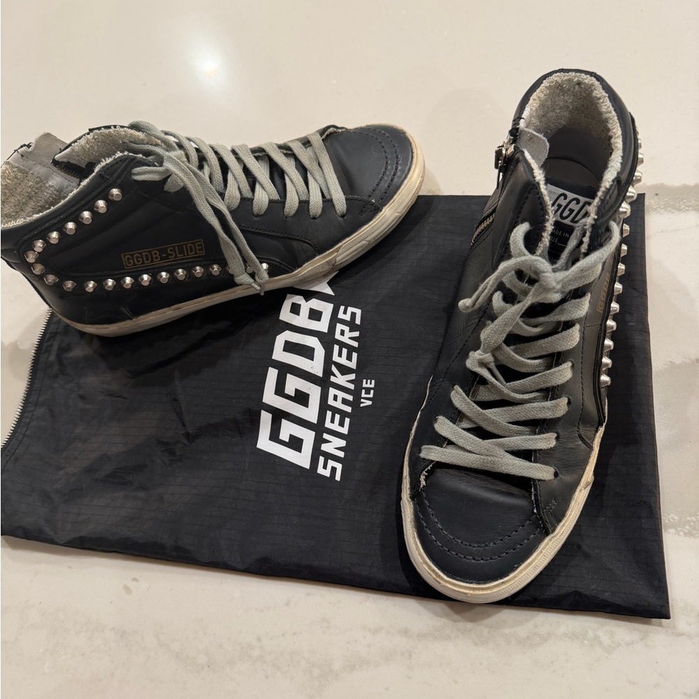 Golden Goose Black Leather Studded High-Top Sneakers with Gray Laces - Picture 10 of 11